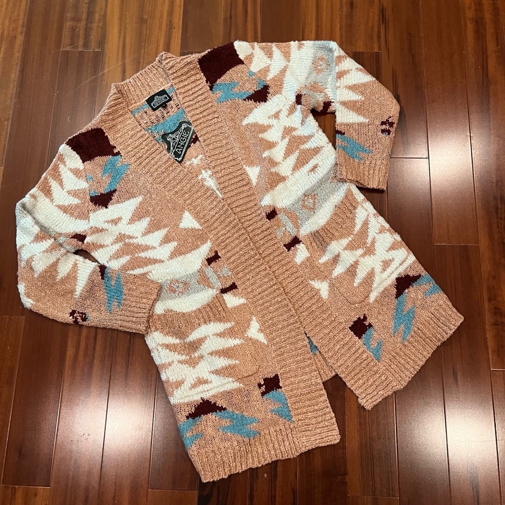 New NWT Angie Aztec Print Sweater Knit Cardigan‎ Long Boho Western Size Small